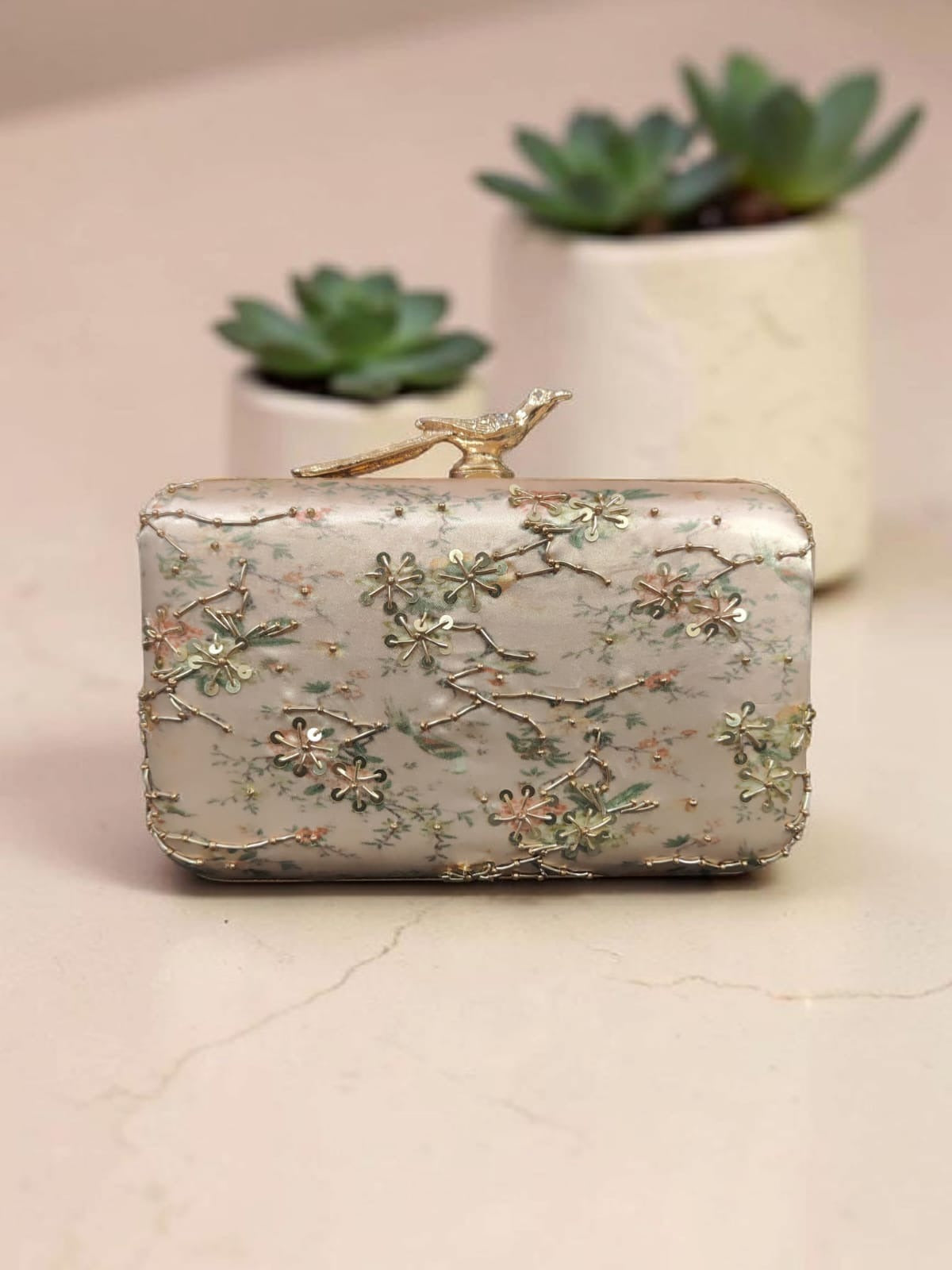 Elegant Floral Embellished Bird Clasp Box Clutch for Women – Ivory & Gold