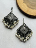 Oxidized Silver Geometric Drop Earrings with Pearl Jhumka Accents