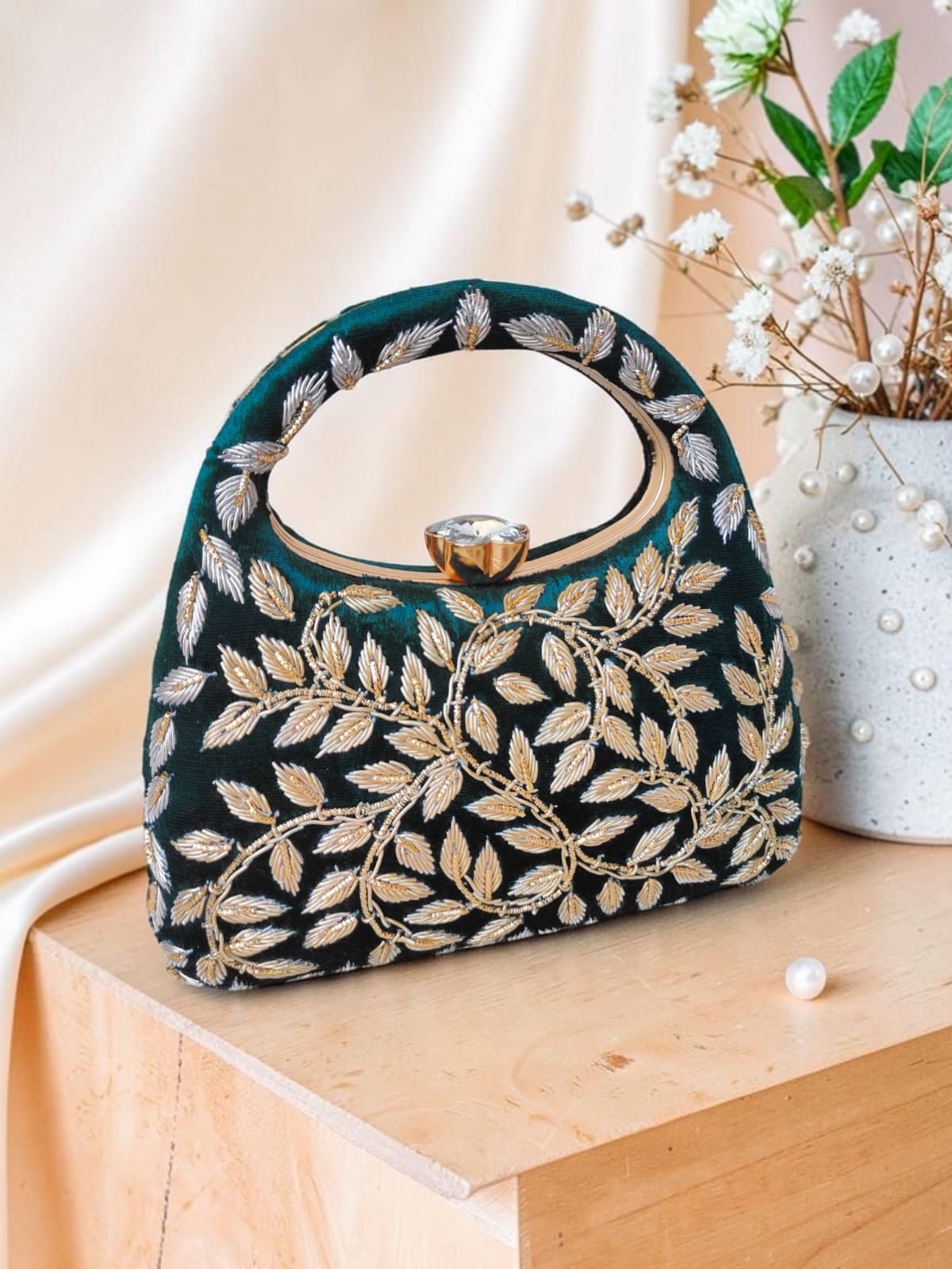 Luxury Velvet Embroidered Potli Clutch Bag with Crystal Lock Handle