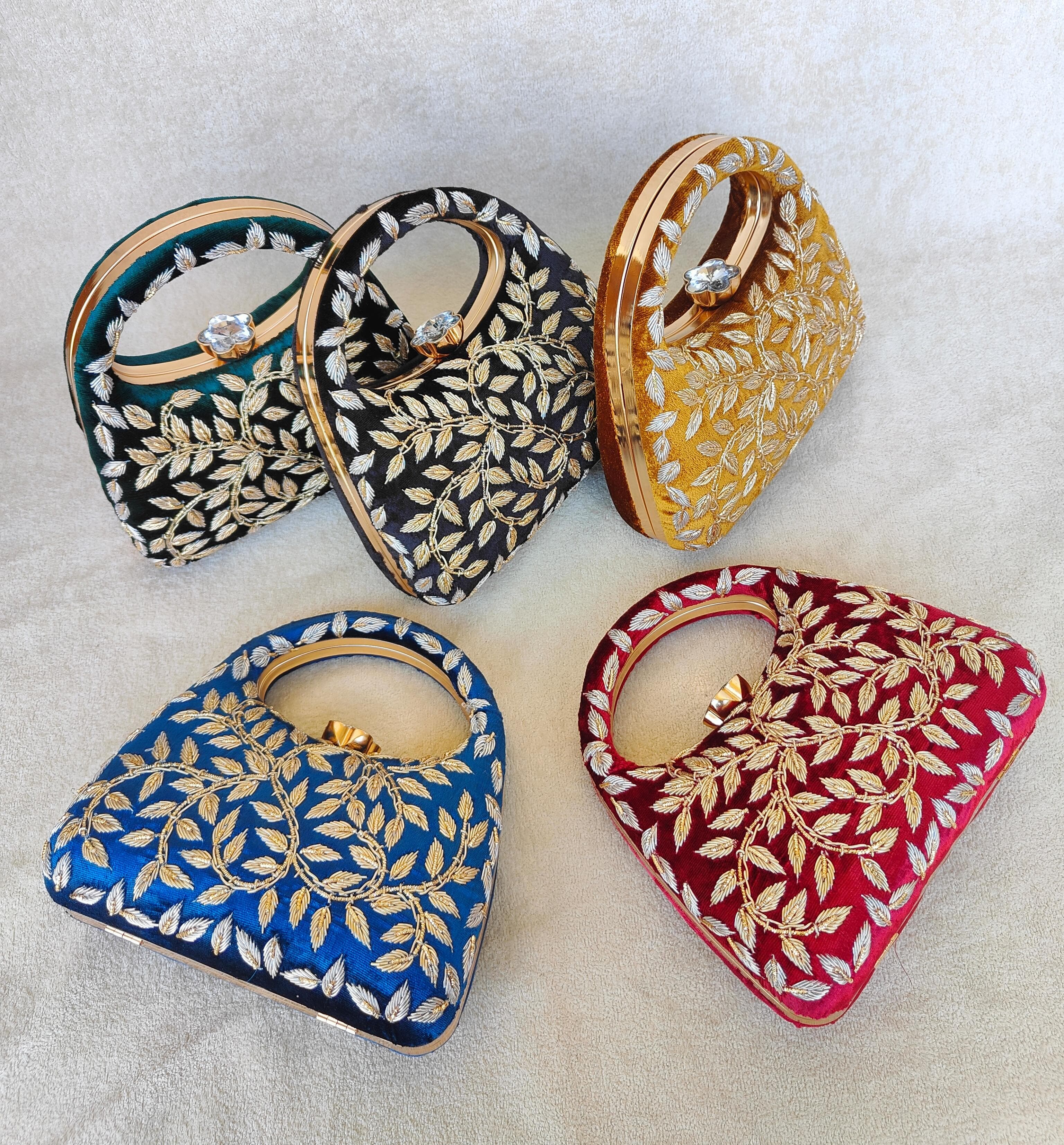 Luxury Velvet Embroidered Potli Clutch Bag with Crystal Lock Handle