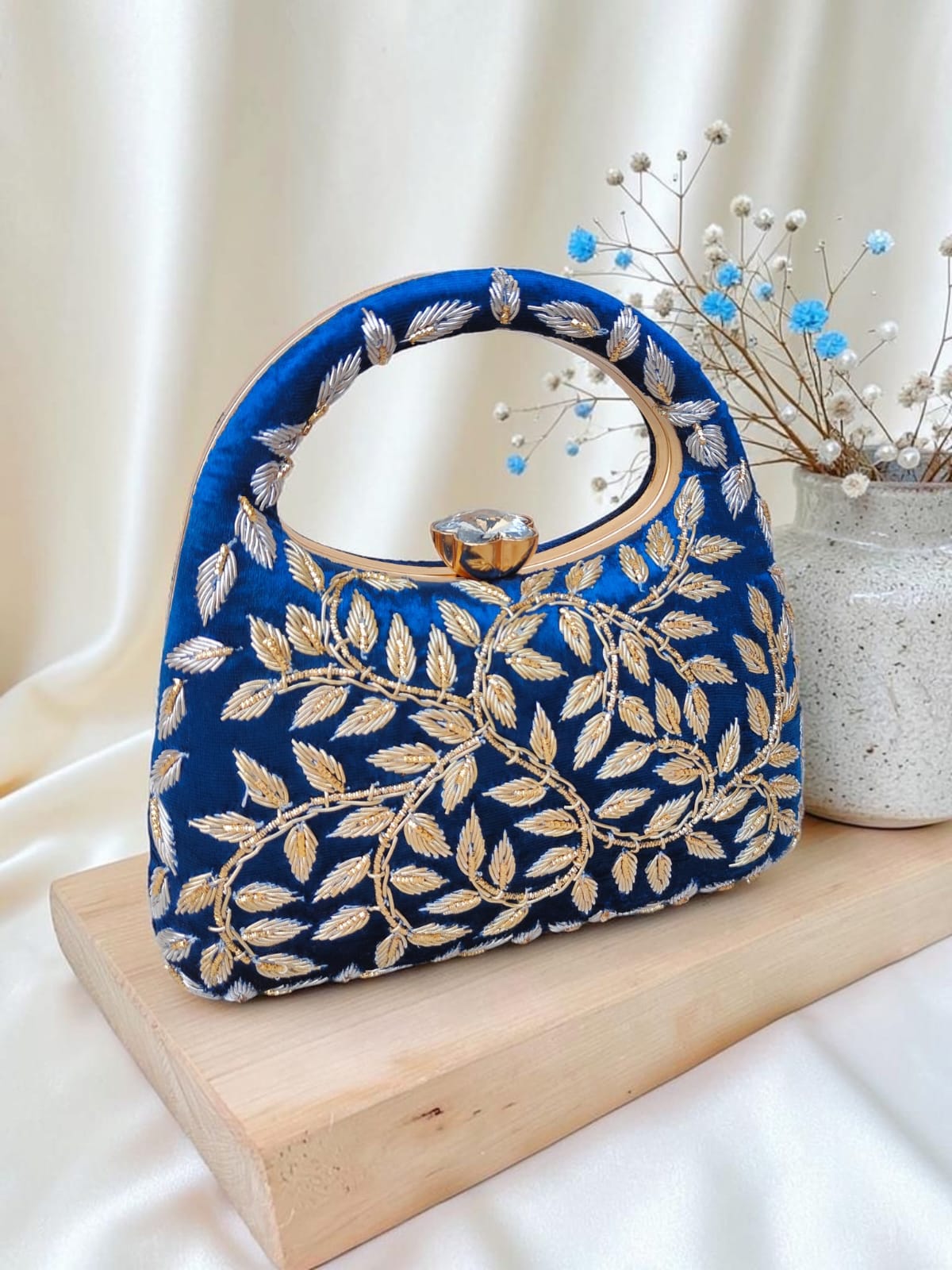 Luxury Velvet Embroidered Potli Clutch Bag with Crystal Lock Handle