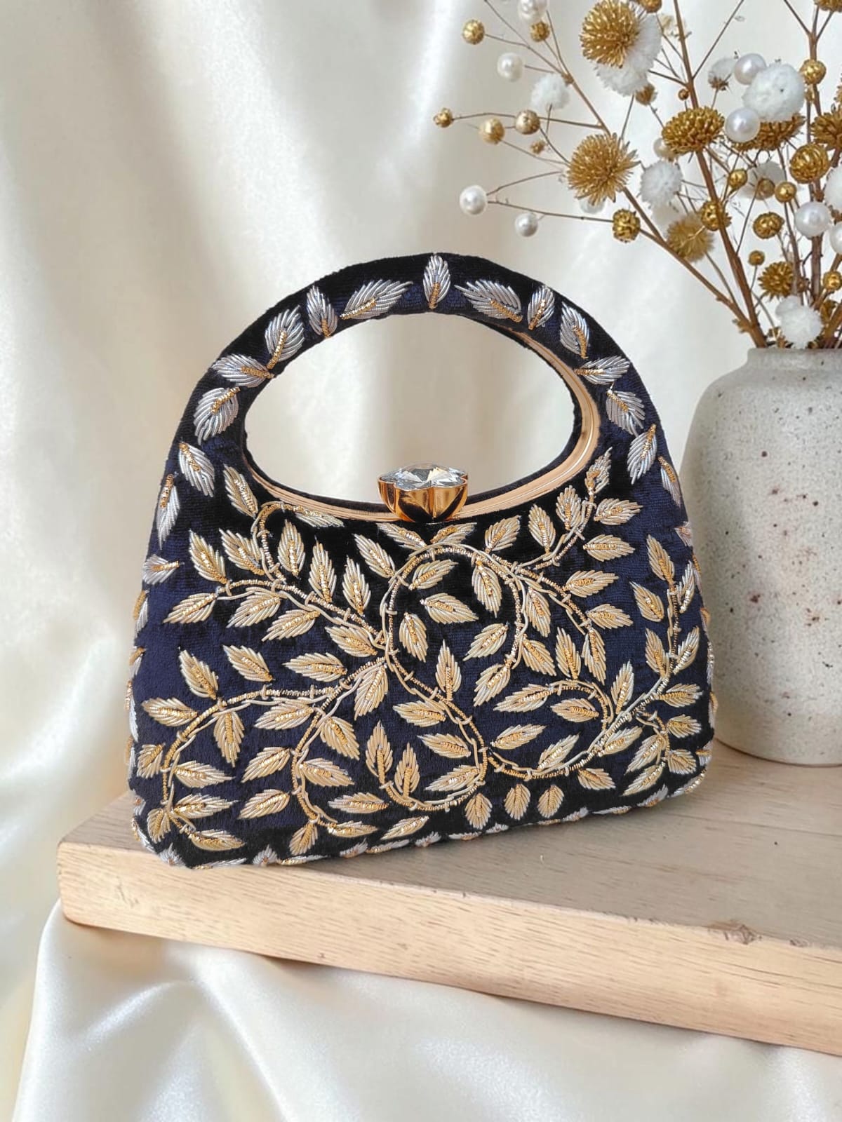 Luxury Velvet Embroidered Potli Clutch Bag with Crystal Lock Handle