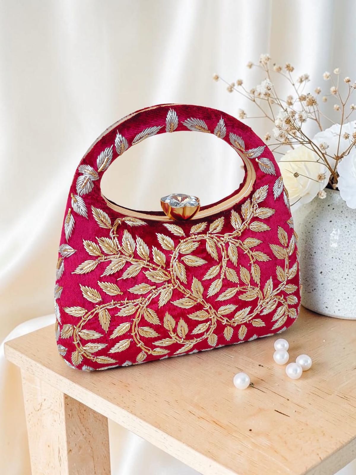 Luxury Velvet Embroidered Potli Clutch Bag with Crystal Lock Handle