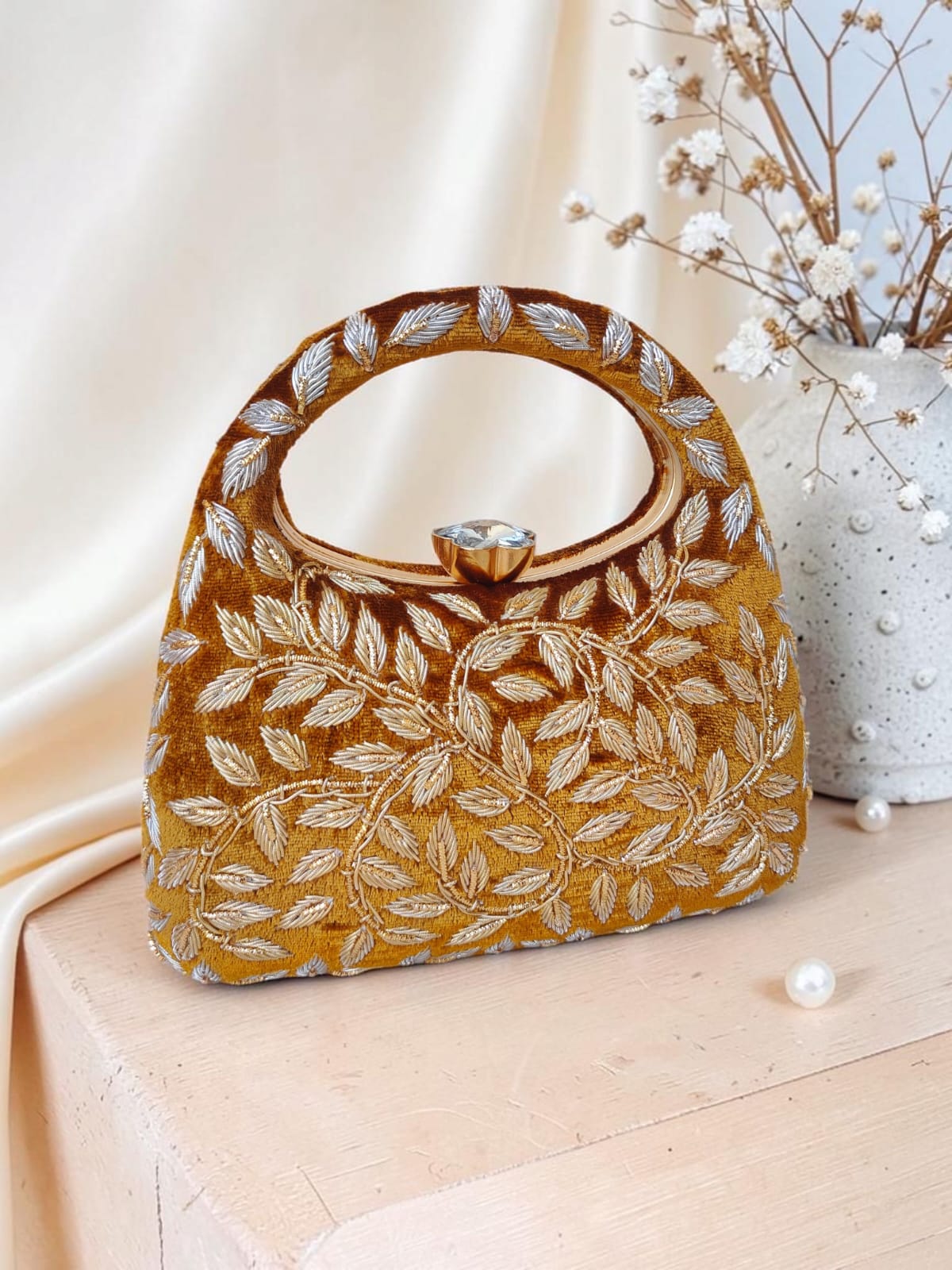 Luxury Velvet Embroidered Potli Clutch Bag with Crystal Lock Handle